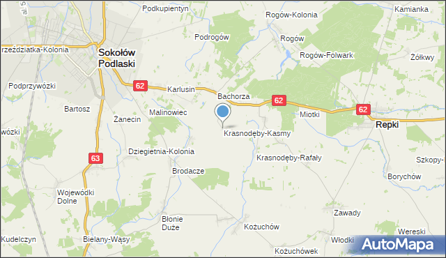 mapa Krasnodęby-Kasmy, Krasnodęby-Kasmy na mapie Targeo